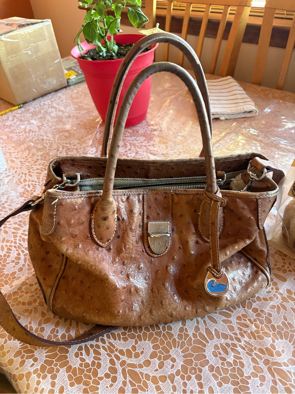 Brown Ostrich-Textured Women's Satchel Bag